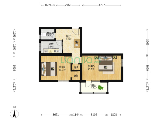 北蜂窝100号院 2室1厅1卫 59平方