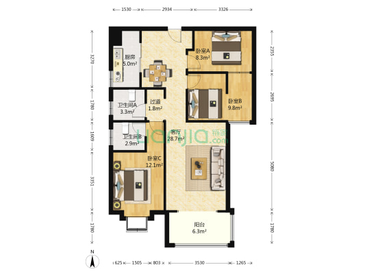 银河北庭 3室1厅2卫 99平方