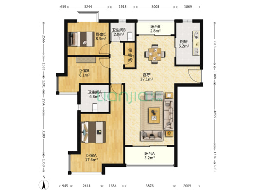 凯旋华庭 3室1厅2卫 124平方