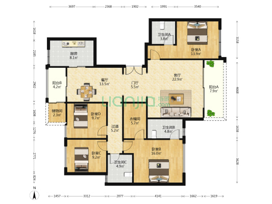 西派宸樾 4室2厅3卫 173平方