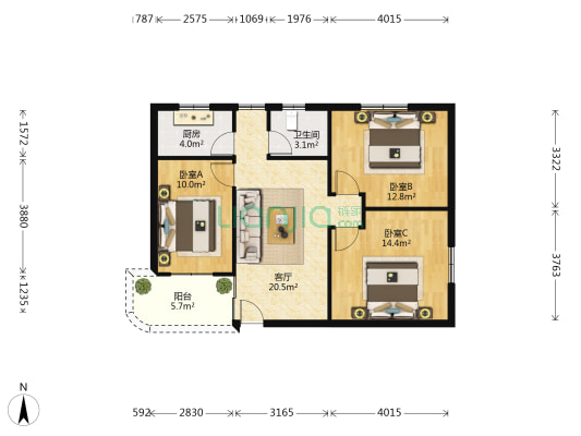 角滨路45-57号 3室1厅1卫 85平方