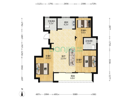 新邻里广场 3室1厅2卫 89平方