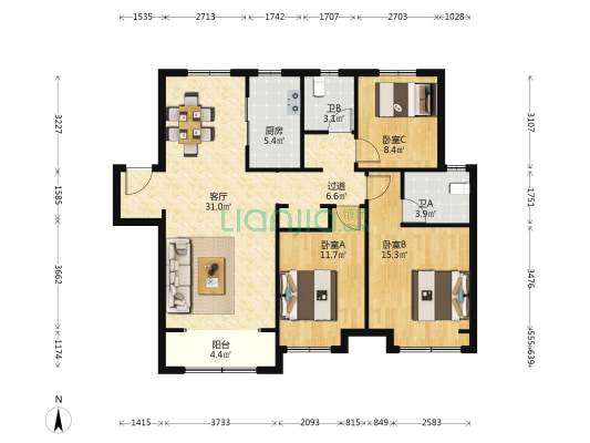 锦绣城·雅园 3室1厅2卫 132平方
