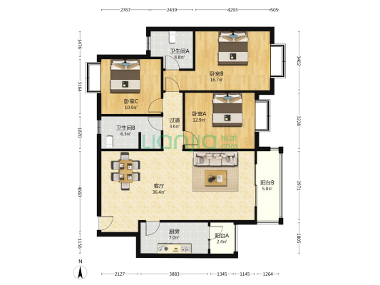 北延新居B区 3室1厅2卫 129平方