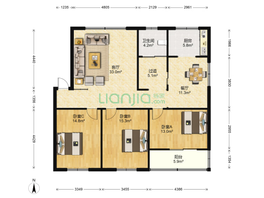 南苑小区 3室2厅1卫 121平方
