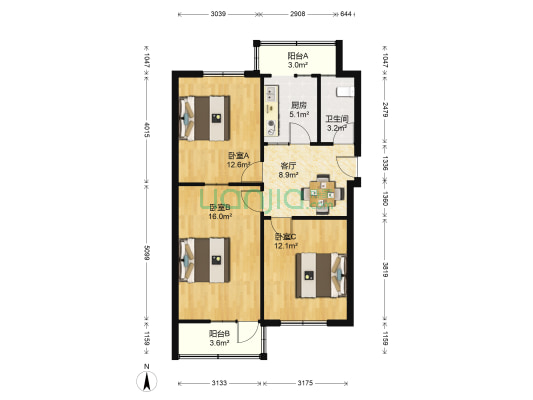 红专一街3号院 3室1厅1卫 76平方