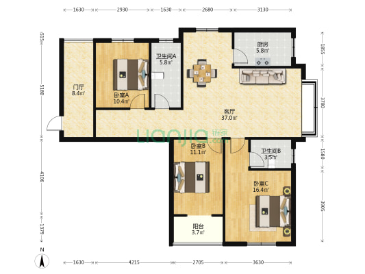 丰麟花园 3室1厅2卫 129平方