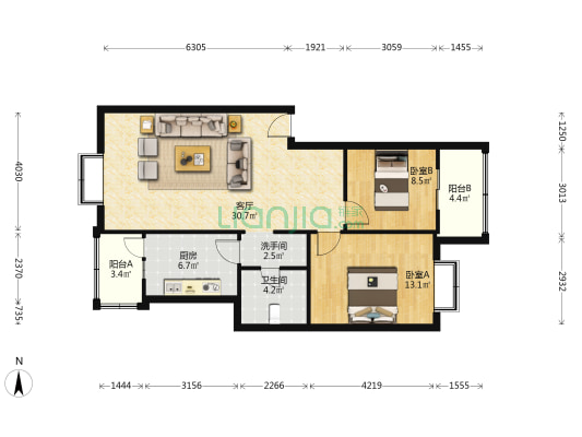 人合中天 2室1厅2卫 90平方