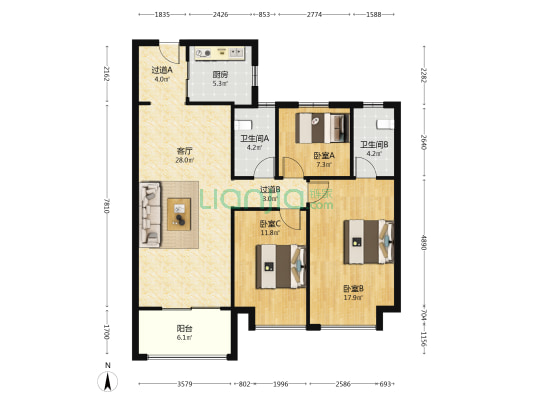 万科城市之光蔚然 3室1厅2卫 109平方