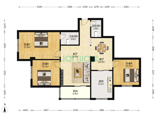 正天商厦 3室2厅2卫 128平方