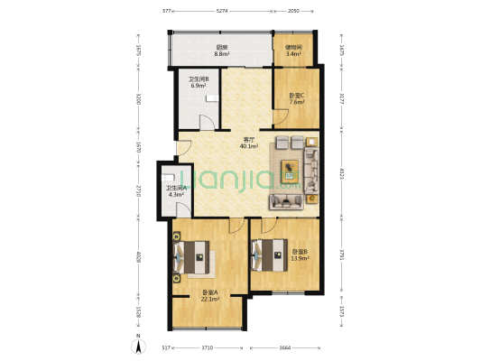 新辰小区 3室1厅2卫 137平方