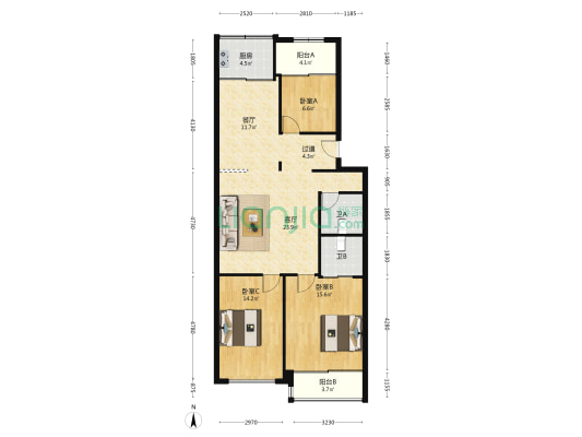 银河家园 3室2厅2卫 115平方
