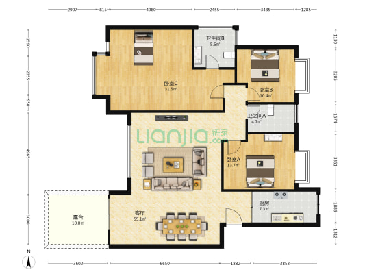 东山美庐 3室1厅2卫 154平方