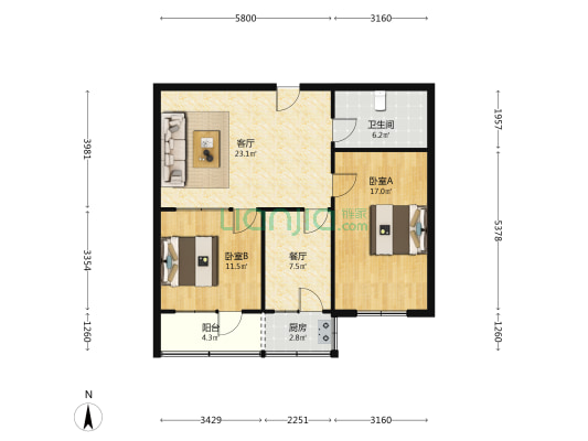 崇善寺19号院西 2室2厅1卫 82平方