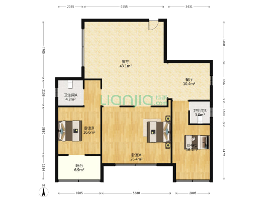 湘沪湘城 3室2厅2卫 142平方