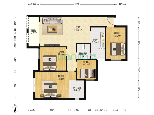阳光世纪风景 4室1厅2卫 74平方
