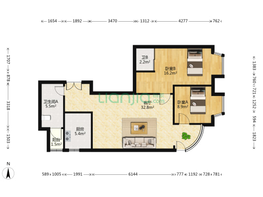 华竹花园 2室1厅2卫 92平方