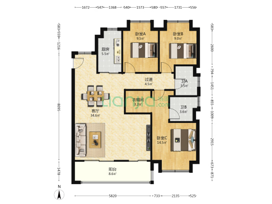 大华公园天下时光园 3室1厅2卫 128平方