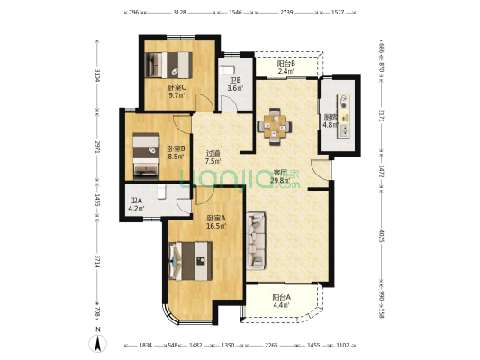 瀚海尔湾 3室1厅2卫 129平方