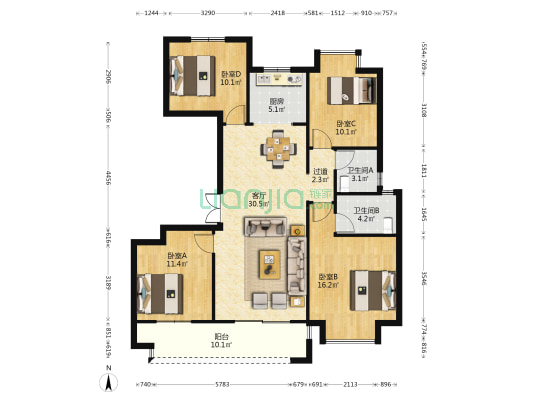 中梁东投鎏金天宸 4室1厅2卫 131平方