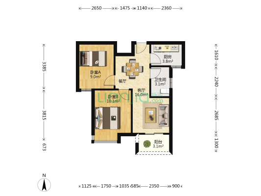 富力华庭 2室1厅1卫 68平方
