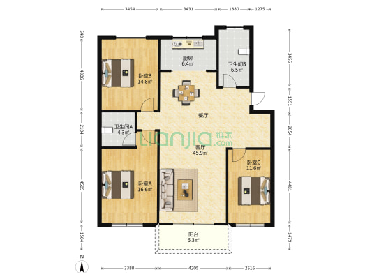 双亭小区 3室1厅2卫 130平方