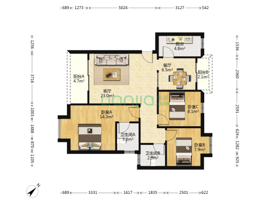 光大花园金湖苑2座 3室2厅2卫 92平方