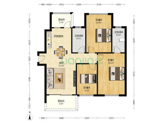 和睦家 3室1厅2卫 117平方