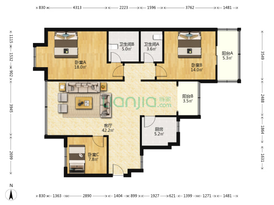 城市名苑二期 3室1厅2卫 128平方