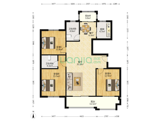 龙庭景苑 3室2厅2卫 139平方