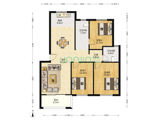 锦绣澜湾 3室1厅2卫 121平方