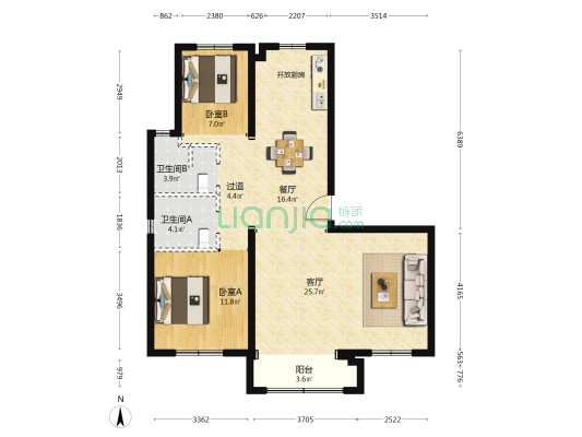 中绿东岳府 2室2厅2卫 124平方