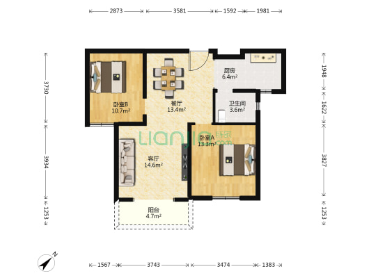 江岸名都 2室2厅1卫 90平方
