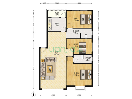 惠民街191号 3室1厅2卫 122平方