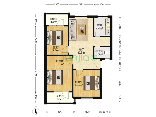 华丰里11号院 3室1厅1卫 76平方