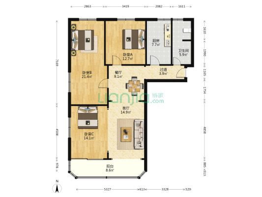 桥门新居 3室2厅1卫 127平方