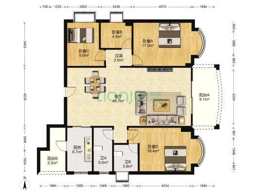 丽雅苑北区 4室1厅2卫 155平方