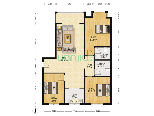 塔冢裕园C区 3室1厅2卫 137平方