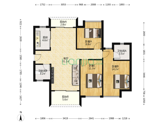 悦美小城 3室1厅2卫 104平方