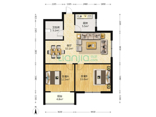 东升花园如意苑 2室1厅1卫 92平方