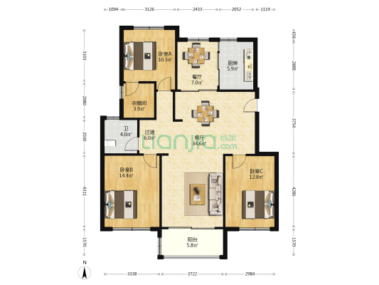 夏东苑二区 3室2厅1卫 133平方