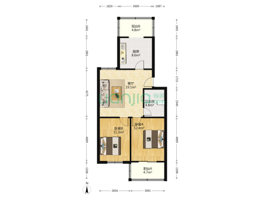 东风里(塘沽区) 2室1厅1卫 83平方