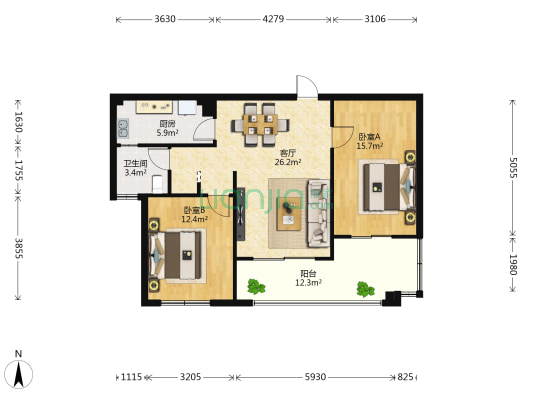 洛城·悦湖园 2室1厅1卫 98平方