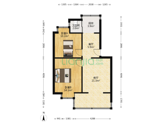 云南旅游职业学院教职工宿舍 2室2厅1卫 52平方