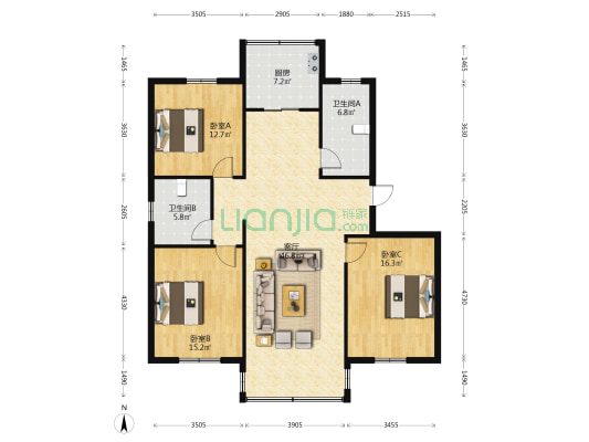 银都商城 3室1厅2卫 130平方