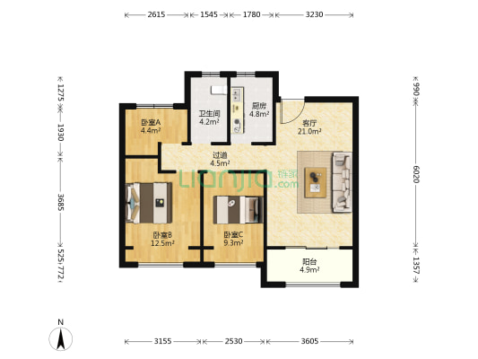 城建琥珀庄园 3室1厅1卫 88平方