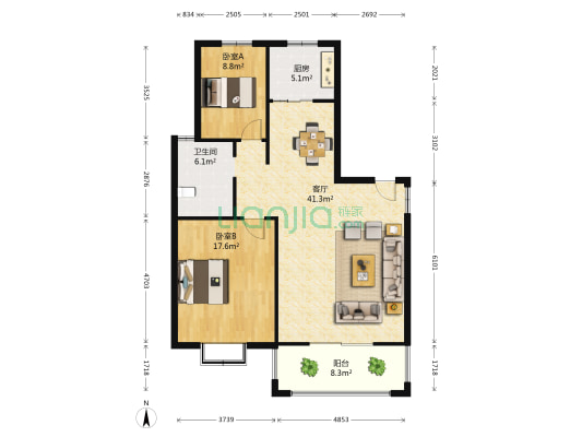 瑞园 2室1厅1卫 107平方