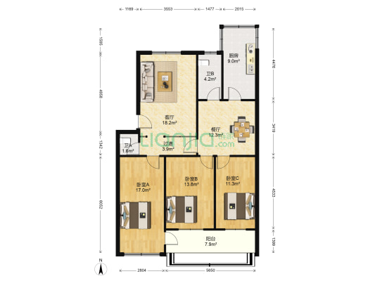 东岳大街中段新星大厦 3室2厅2卫 115平方
