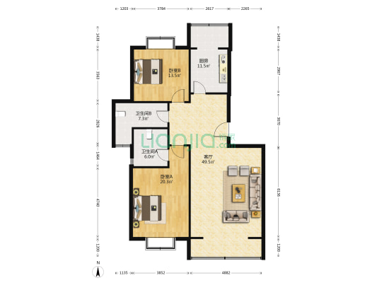 金色阳光花园 2室1厅2卫 136平方