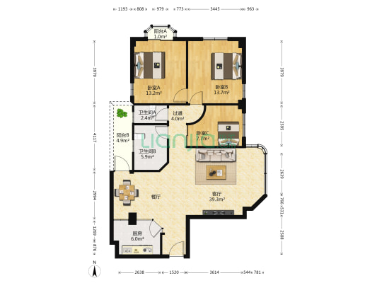 联邦广场小区 3室1厅2卫 127平方